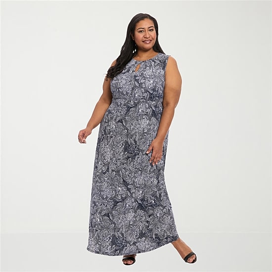 London Times Womens Plus Round Neck Sleeveless Maxi Dress