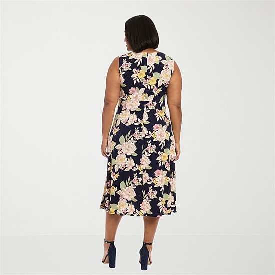 London Times Womens Plus Midi Round Neck Sleeveless Floral Fit + Flare Dress