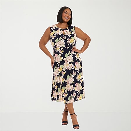 jessica howard short sleeve floral midi fit + flare dress Jessica Howard Womens Plus Midi V Neck Short Sleeve Cap Fit + Flare Dress,  Color: Royal