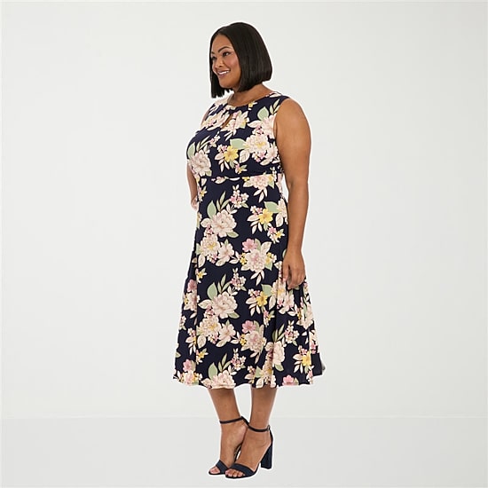 London Times Womens Plus Midi Round Neck Sleeveless Floral Fit + Flare Dress