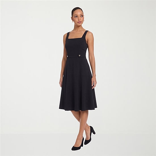 London Times Womens Petite Midi Square Neck Sleeveless Fit + Flare Dress