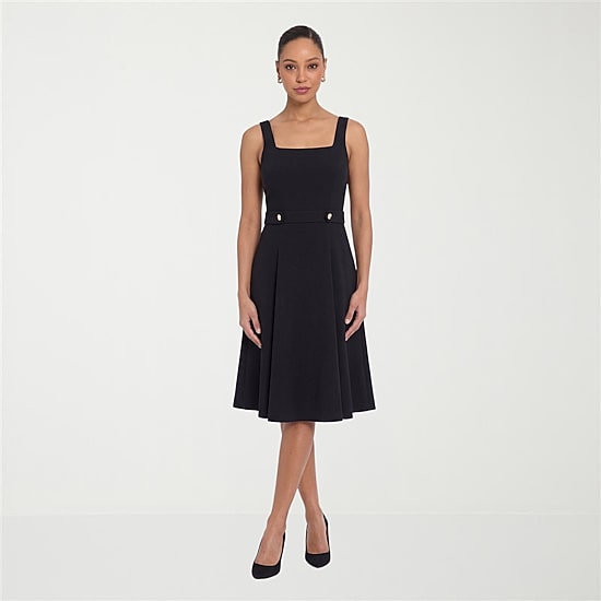 ladies petite black dress London Times Womens Midi Square Neck Sleeveless Fit + Flare Dress, Color: Cap Sleeve Square Neck Pleated decoration Color:Clay Plaid Waffle Sleek woven mini dress