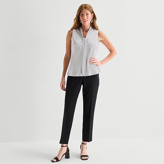 Black Label by Evan-Picone Womens Split Tie Neck Sleeveless Satin Blouse