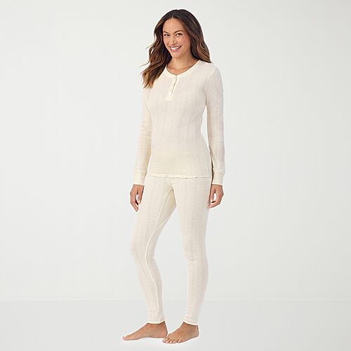 Cuddl Duds Womens Cotton Pointelle Round Neck Long Sleeve Thermal Shirt In White