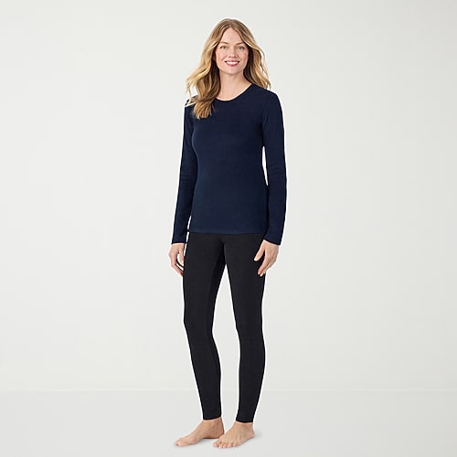 Cuddl Duds Womens Fleecewear With Stretch Round Neck Long Sleeve Thermal Shirt In Blue