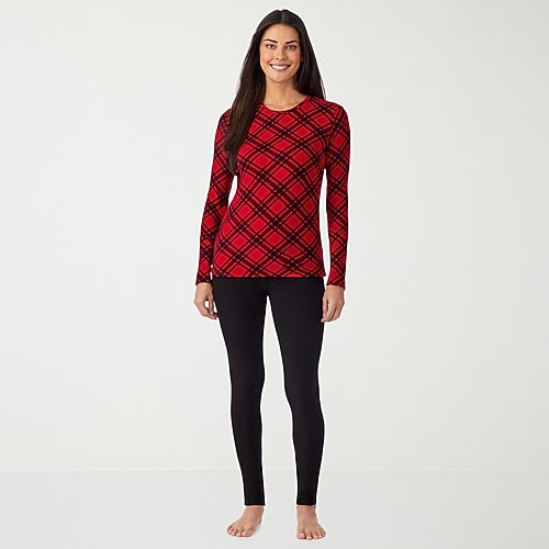 Cuddl Duds Womens Fleecewear With Stretch Round Neck Long Sleeve Thermal Shirt In Red