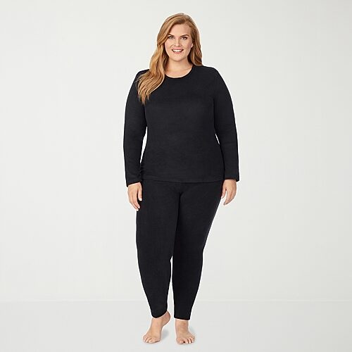 Cuddl Duds Womens Fleecewear With Stretch Round Neck Long Sleeve Thermal Shirt In Black