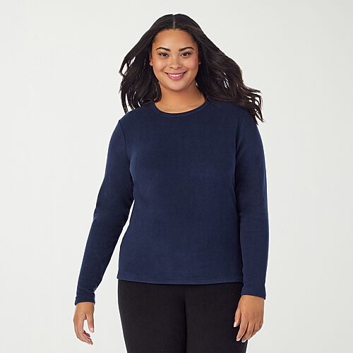 Cuddl Duds Womens Fleecewear With Stretch Round Neck Long Sleeve Thermal Shirt In Blue