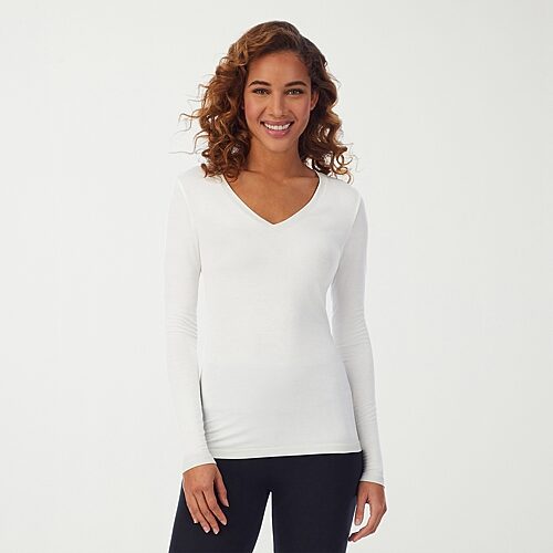Cuddl Duds Womens Softwear With Stretch Round Neck Long Sleeve Thermal Shirt In White