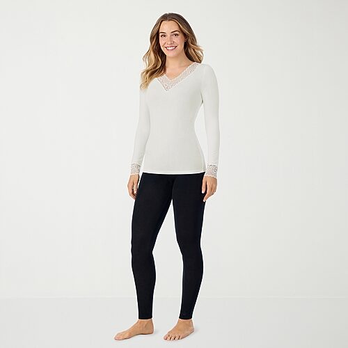 Cuddl Duds Womens Softwear With Stretch Round Neck Long Sleeve Thermal Shirt In White