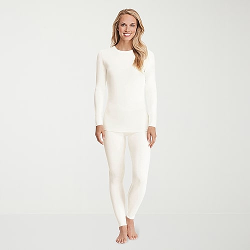 Cuddl Duds Womens Softwear With Stretch Round Neck Long Sleeve Thermal Shirt In White