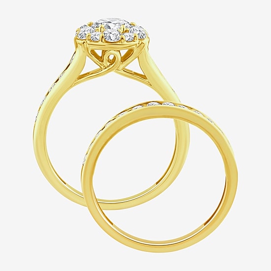 (F / Si2) Womens 2 CT. T.W. Lab Grown White Diamond 14K Gold Over Silver Round Side Stone Halo Bridal Set