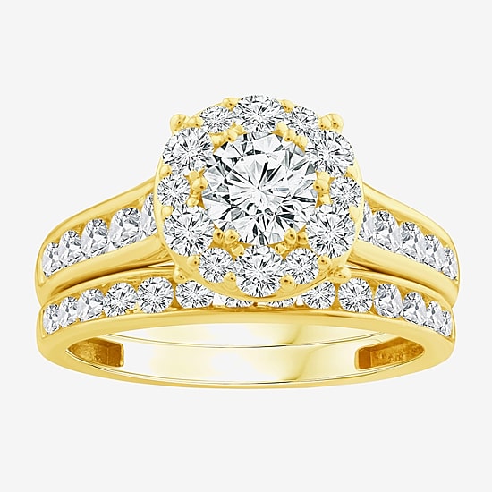 (F / Si2) Womens 2 CT. T.W. Lab Grown White Diamond 14K Gold Over Silver Round Side Stone Halo Bridal Set
