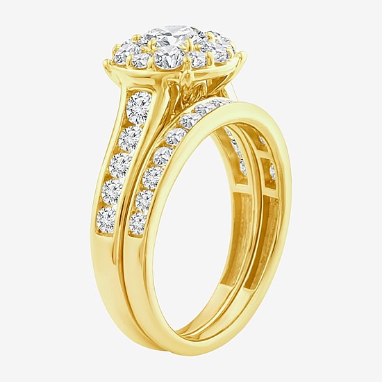 (F / Si2) Womens 2 CT. T.W. Lab Grown White Diamond 14K Gold Over Silver Round Side Stone Halo Bridal Set