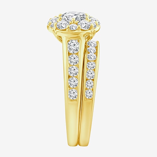 (F / Si2) Womens 2 CT. T.W. Lab Grown White Diamond 14K Gold Over Silver Round Side Stone Halo Bridal Set