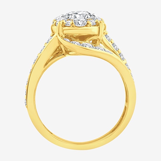 (F / Si2) Womens 3 CT. T.W. Lab Grown White Diamond 14K Gold Over Silver Round Side Stone Halo Engagement Ring
