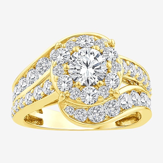 (F / Si2) Womens 3 CT. T.W. Lab Grown White Diamond 14K Gold Over Silver Round Side Stone Halo Engagement Ring