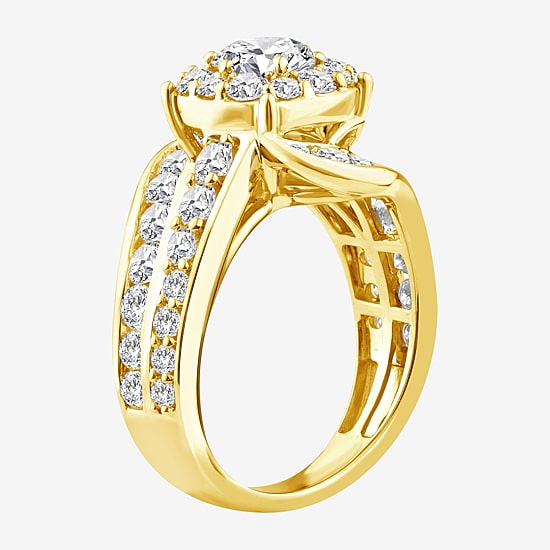 (F / Si2) Womens 3 CT. T.W. Lab Grown White Diamond 14K Gold Over Silver Round Side Stone Halo Engagement Ring