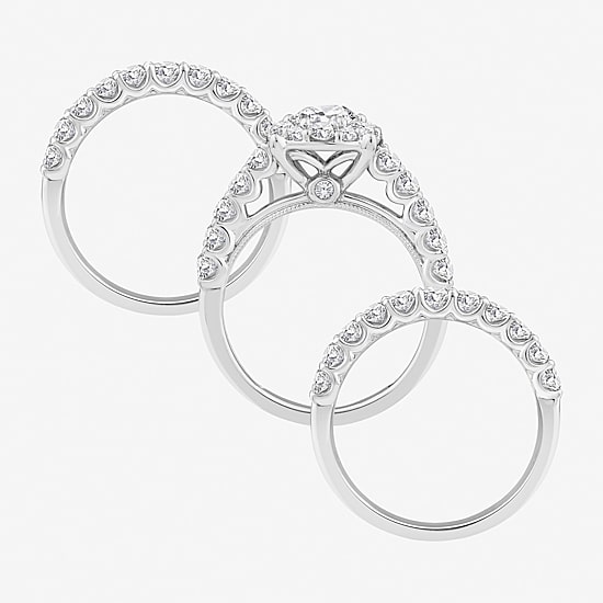 (F / Si2) Womens 3 CT. T.W. Lab Grown White Diamond Sterling Silver Round Side Stone Halo Bridal Set