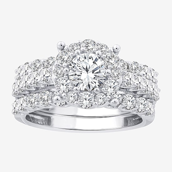 (F / Si2) Womens 3 CT. T.W. Lab Grown White Diamond Sterling Silver Round Side Stone Halo Bridal Set