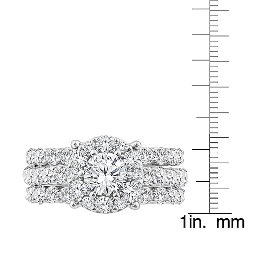 (F / Si2) Womens 3 CT. T.W. Lab Grown White Diamond Sterling Silver Round Side Stone Halo Bridal Set
