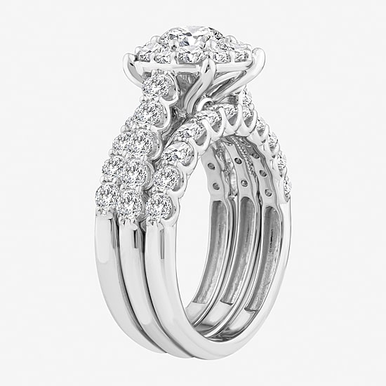 (F / Si2) Womens 3 CT. T.W. Lab Grown White Diamond Sterling Silver Round Side Stone Halo Bridal Set
