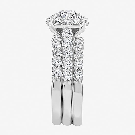 (F / Si2) Womens 3 CT. T.W. Lab Grown White Diamond Sterling Silver Round Side Stone Halo Bridal Set