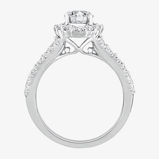(F / Si1) Womens 2 1/4 CT. T.W. Lab Grown White Diamond Sterling Silver Oval Side Stone Halo Engagement Ring