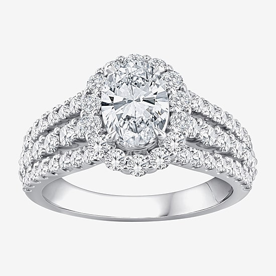 (F / Si1) Womens 2 1/4 CT. T.W. Lab Grown White Diamond Sterling Silver Oval Side Stone Halo Engagement Ring