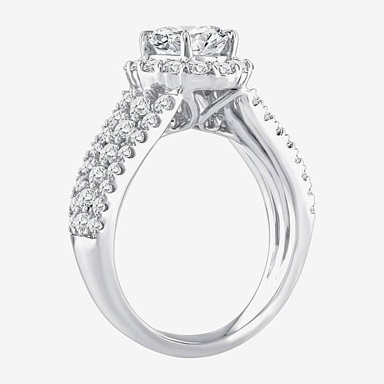 (F / Si1) Womens 2 1/4 CT. T.W. Lab Grown White Diamond Sterling Silver Oval Side Stone Halo Engagement Ring