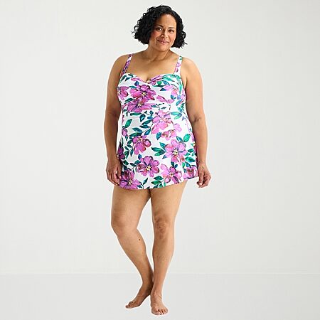 jcp swim dress U Neck Adjustable Drawstring Pink Swimdress PNK / L stroll or soak up the sunthis dress is ready for it all Robby Len By Longitude Swim