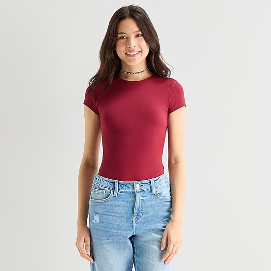 Arizona Smooth Womens Juniors Crew Neck Short Sleeve Bodysuit