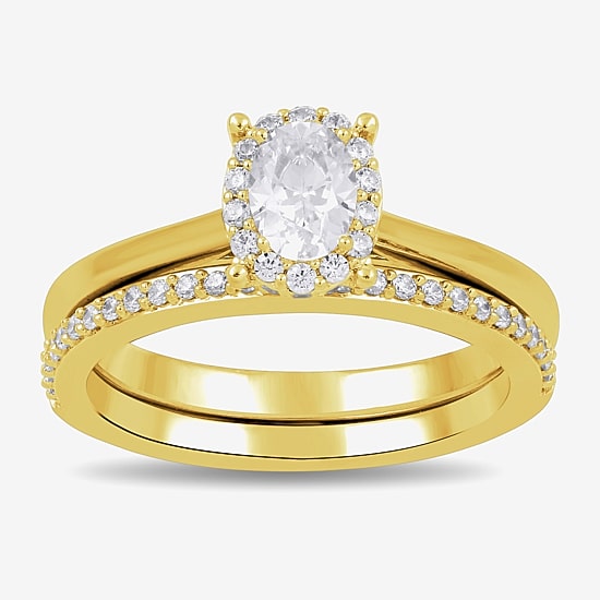 (G / Si2) Womens 3/4 CT. T.W. Lab Grown White Diamond Sterling Silver Oval Side Stone Halo Bridal Set