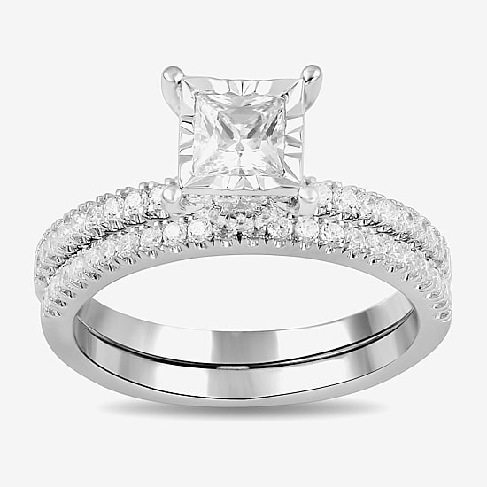 (G / Si2) Womens 1 CT. T.W. Lab Grown White Diamond Sterling Silver Side Stone Wedding Bridal Set