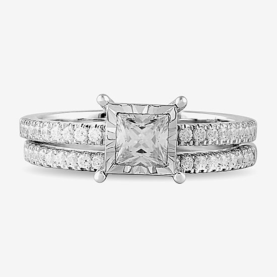 (G / Si2) Womens 1 CT. T.W. Lab Grown White Diamond Sterling Silver Side Stone Wedding Bridal Set