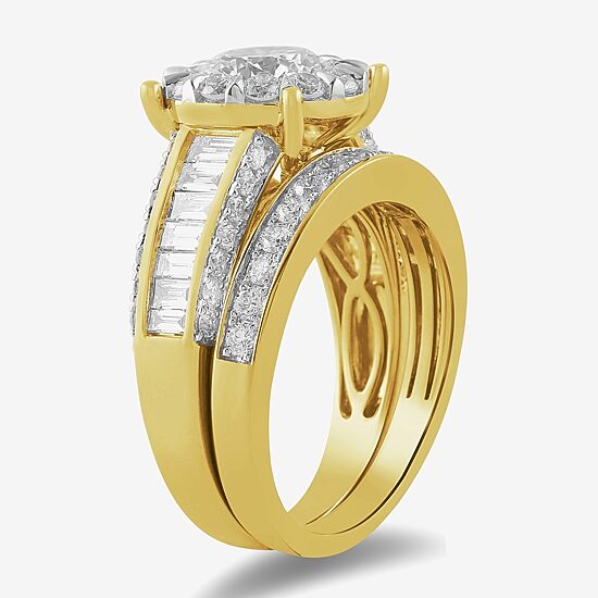 (G / Si2) Womens 3 CT. T.W. Lab Grown White Diamond 10K Gold Round Side Stone Wedding Bridal Set