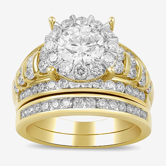 (G / Si2) Womens 3 CT. T.W. Lab Grown White Diamond 10K Gold Round Side Stone Halo Bridal Set