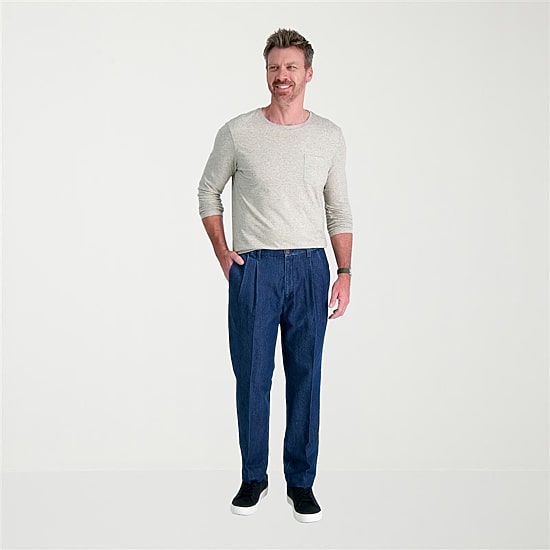 Haggar Stretch Denim Mens Classic Fit Pleated Pant