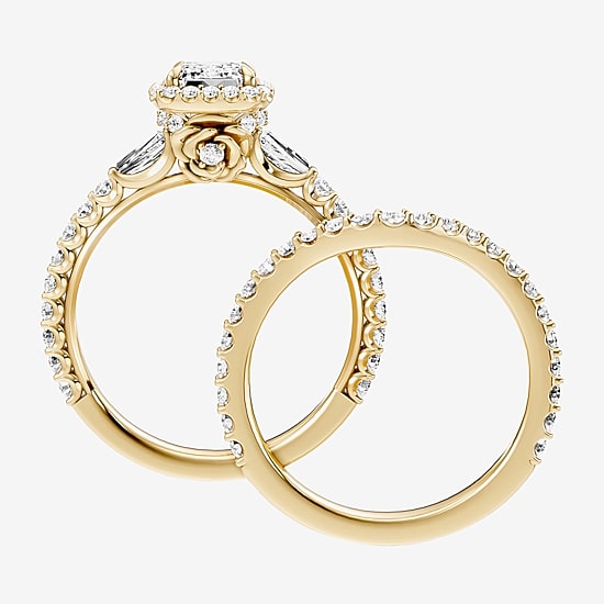 Enchanted Disney Fine Jewelry Belle (F / Si1) Womens 2 1/8 Ct. T.W. Lab Grown White Diamond 10K Gold Rectangular Beauty and the Beast Belle Princess Side Stone Halo Bridal Set