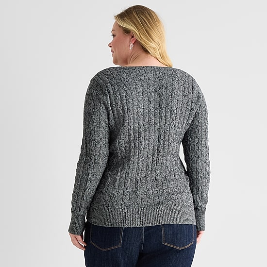 St. John's Bay Plus Womens V Neck Long Sleeve Cable Knit Pullover Sweater