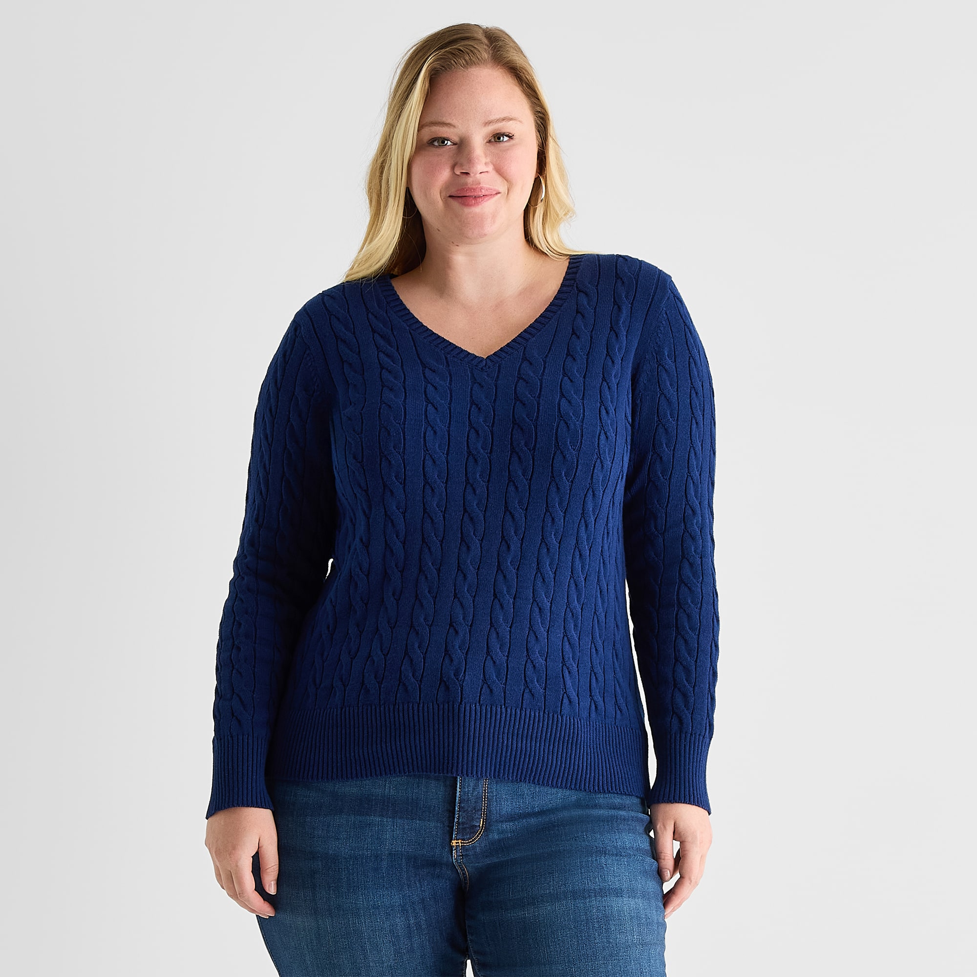 St. John's Bay Plus Womens V Neck Long Sleeve Cable Knit Pullover Sweater