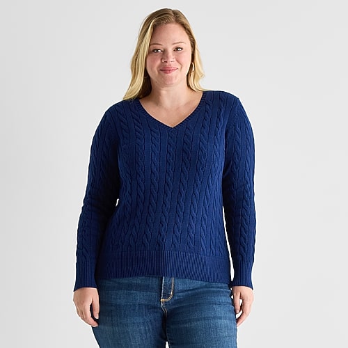 St. John's Bay Plus Womens V Neck Long Sleeve Cable Knit Pullover Sweater In Blue