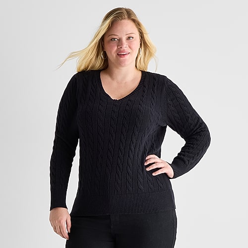 St. John's Bay Plus Womens V Neck Long Sleeve Cable Knit Pullover Sweater In Black
