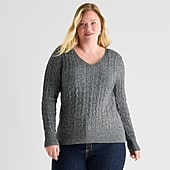 St. John's Bay Plus Womens V Neck Long Sleeve Cable Knit Pullover Sweater