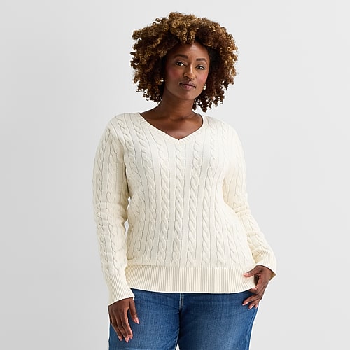 St. John's Bay Plus Womens V Neck Long Sleeve Cable Knit Pullover Sweater In White
