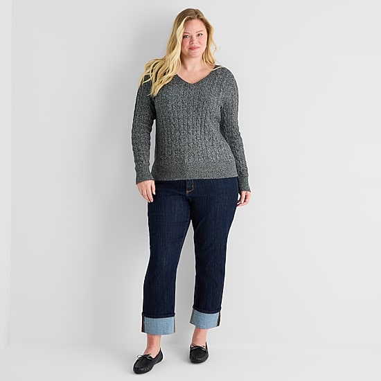 St. John's Bay Plus Womens V Neck Long Sleeve Cable Knit Pullover Sweater