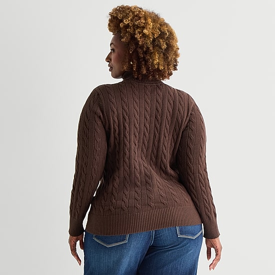 St. John's Bay Plus Womens Turtleneck Long Sleeve Cable Knit Pullover Sweater