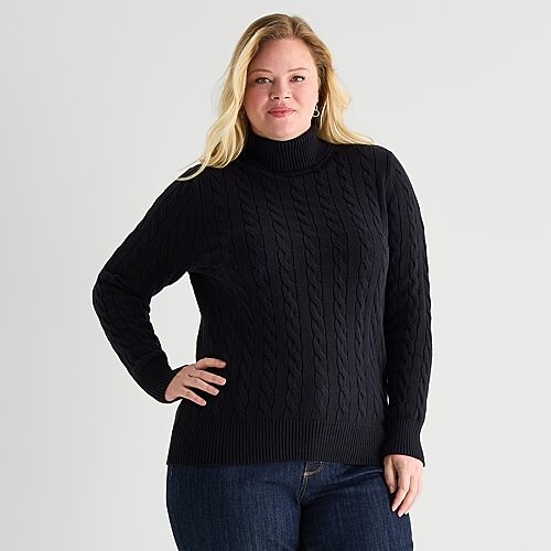St. John's Bay Plus Womens Turtleneck Long Sleeve Cable Knit Pullover Sweater In Black