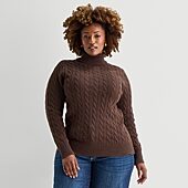 St. John's Bay Plus Womens Turtleneck Long Sleeve Cable Knit Pullover Sweater
