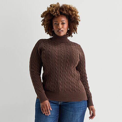 St. John's Bay Plus Womens Turtleneck Long Sleeve Cable Knit Pullover Sweater In Brown
